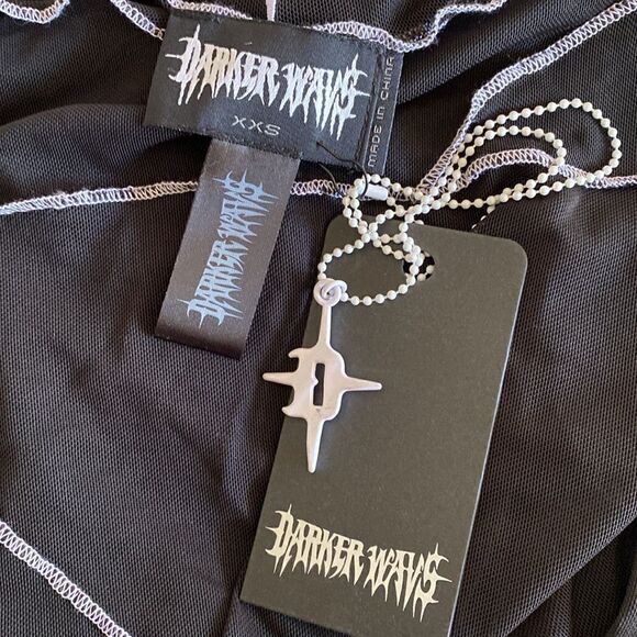 Dolls Kill Brand DARKER WAVS Asymmetrical Black Mesh Long Sleeve Top - Picture 5 of 6